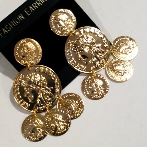 Gold-tone Coin Statement Earrings | Dangle Style Jewelry | Bold Fashion Earrings - Picture 1 of 10